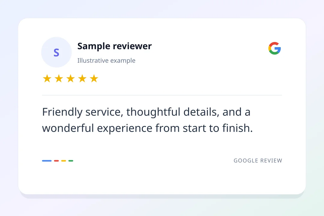 Illustrative Google review image with reviewer initials, rating, review text, and multicolor Google logo